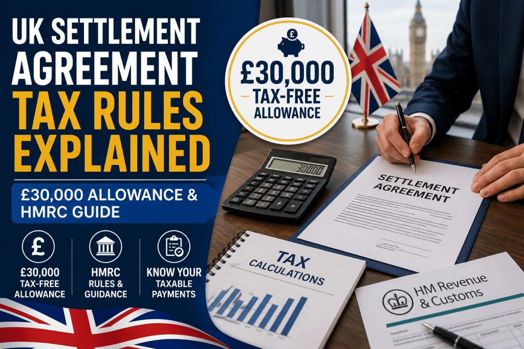 UK settlement agreement tax rules showing £30,000 tax-free allowance and HMRC guidance on termination payments.