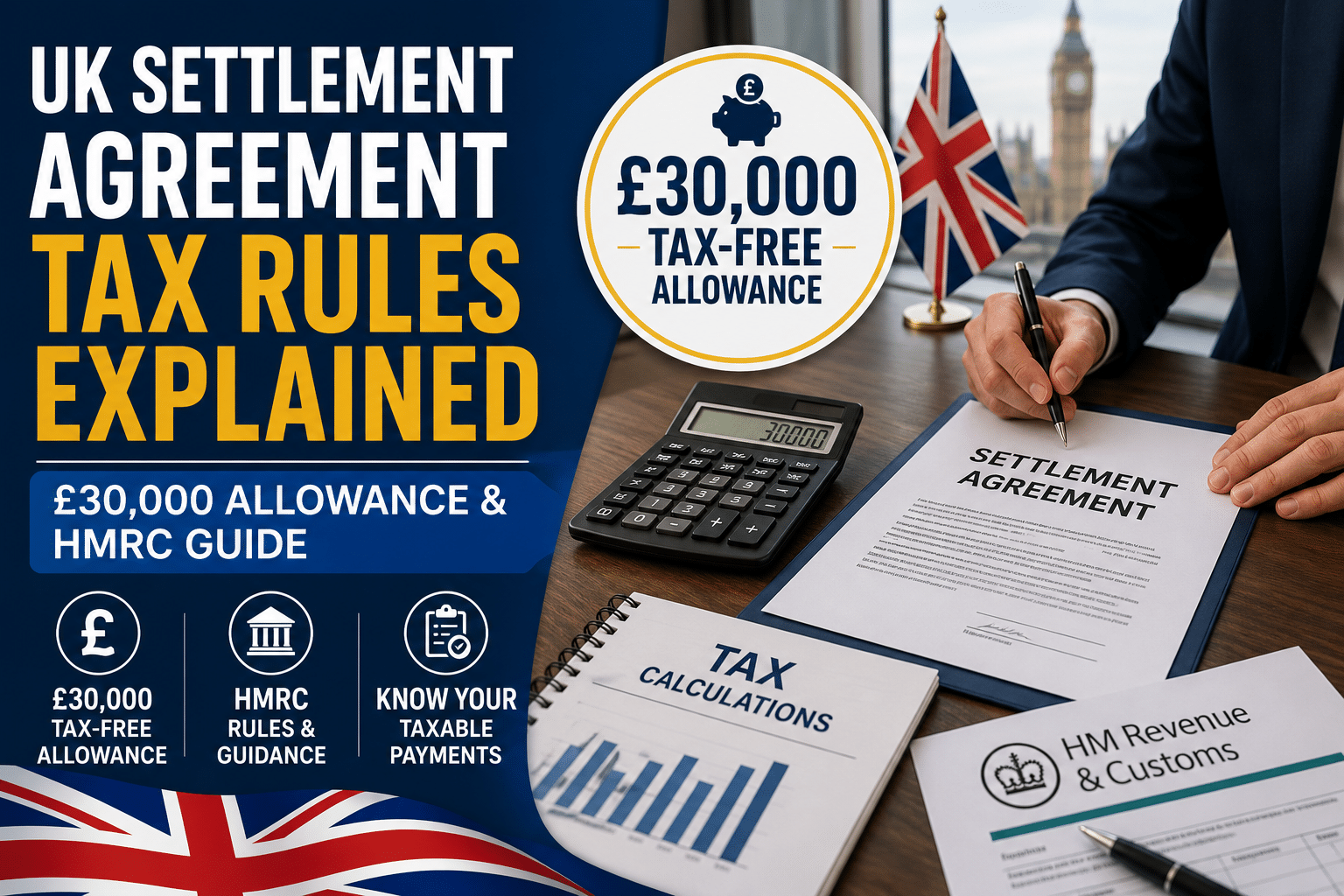 UK settlement agreement tax rules showing £30,000 tax-free allowance and HMRC guidance on termination payments.